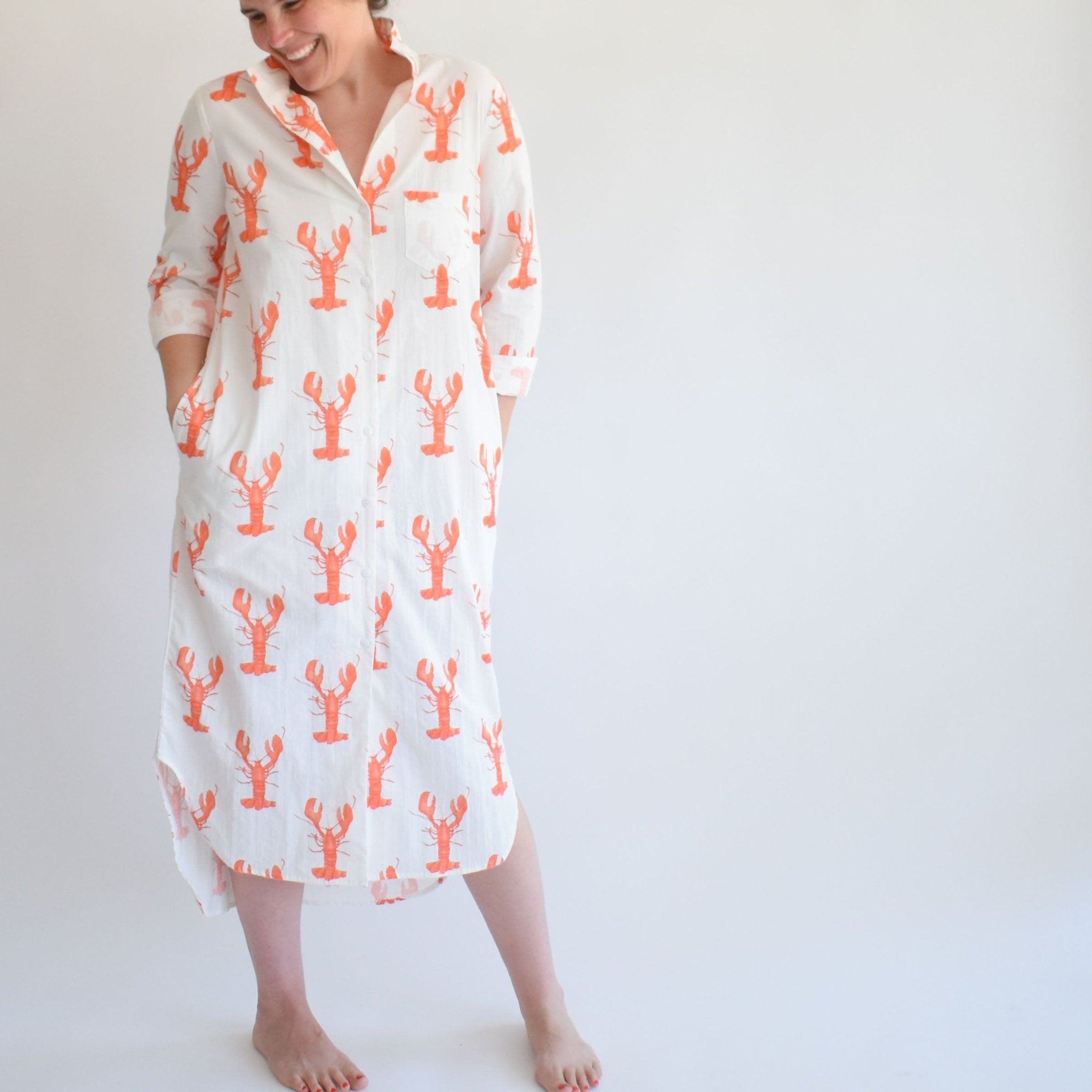 Sara Fitz Classic Shirt Dress Lobster Print Sara Fitz Classic Shirt Dress Lobster Print