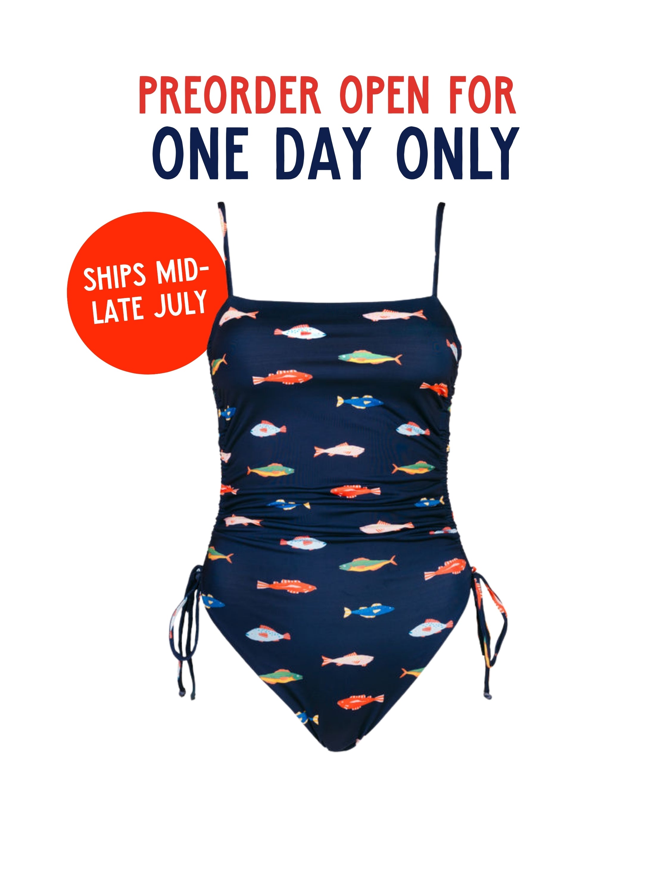 The PREORDER: Ruched Square Neck One Piece in Harbor by Kitty and Vibe features a navy base with colorful fish prints and adjustable straps. Preorder open for one day only—ships mid-late July.