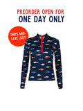PREORDER: Long Sleeve Rashguard in Harbor by Kitty and Vibe. Features a colorful fish print, red zipper, and SPF 50+ protection. Preorder open for one day only—ships mid-late July!.