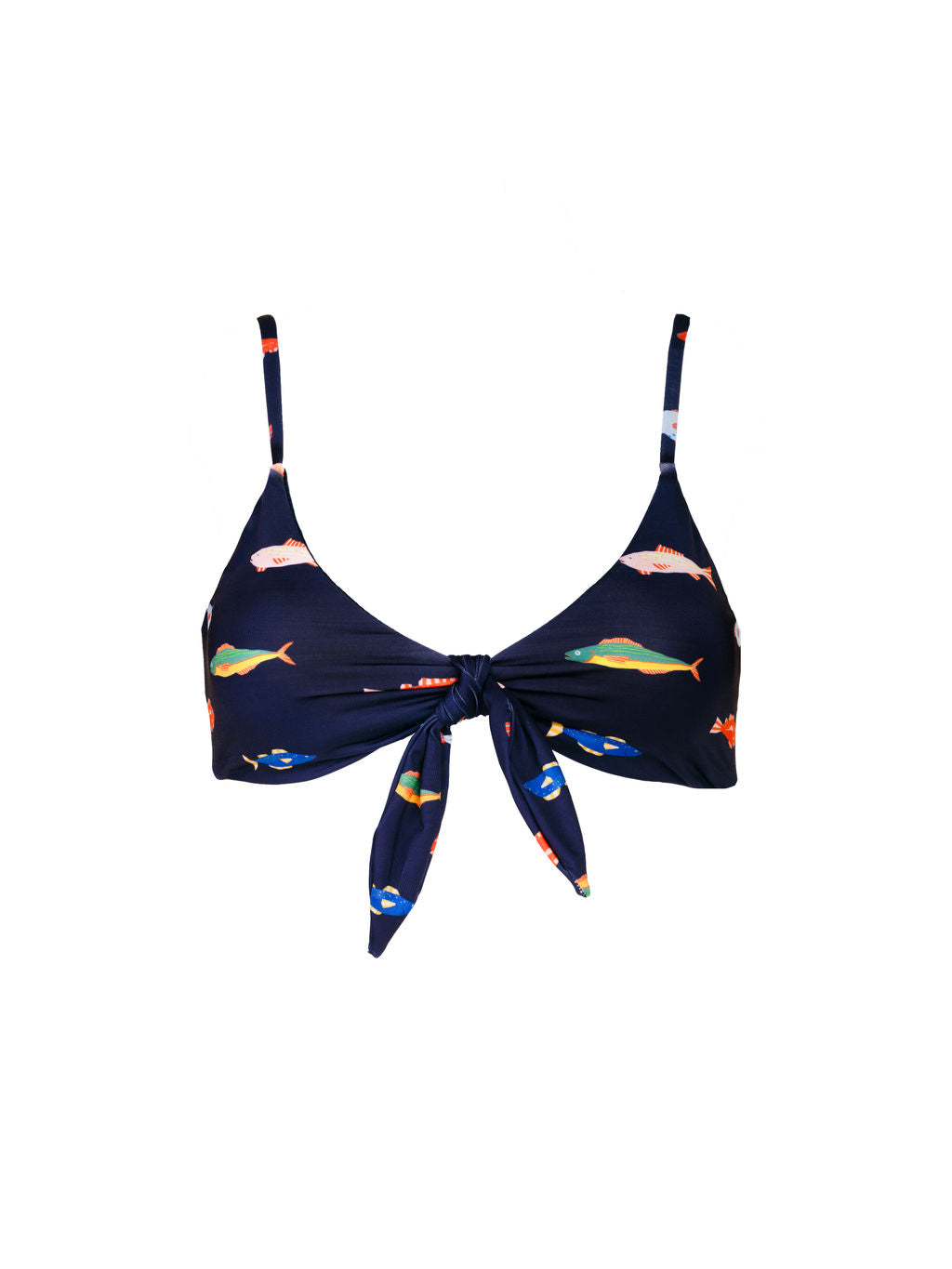 The Front Tie Top in Harbor by Kitty and Vibe features a navy blue, colorful fish print on a white background with adjustable shoulder straps and underbust elastic for support.