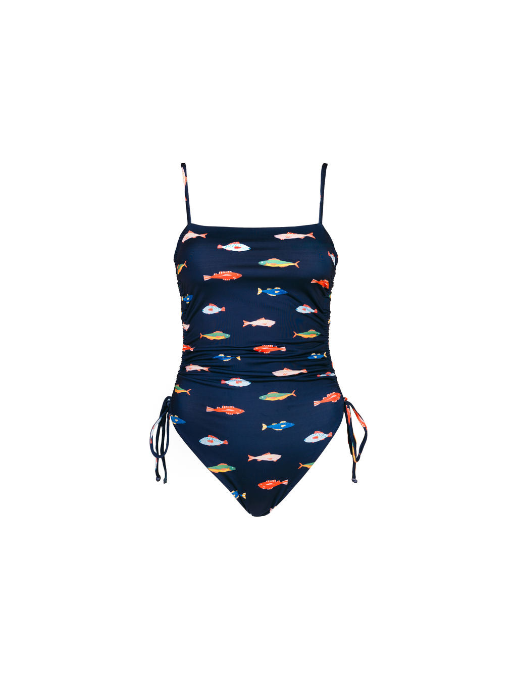 The Ruched Square Neck One Piece in Harbor by Kitty and Vibe is a navy blue swimsuit with colorful fish prints, a square neckline, adjustable shoulder straps, and ruched sides with adjustable drawstrings.