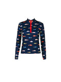 Kitty and Vibe’s Long Sleeve Rashguard in Harbor features a navy blue design with red zip-front, colorful fish print, and SPF 50+ protection, shown on a white background.