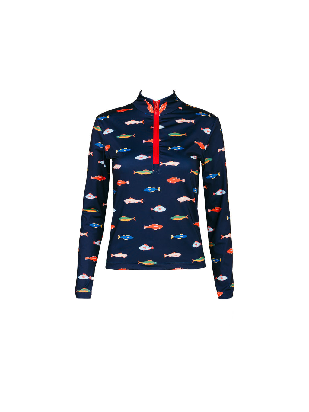 Kitty and Vibe’s Long Sleeve Rashguard in Harbor features a navy blue design with red zip-front, colorful fish print, and SPF 50+ protection, shown on a white background.