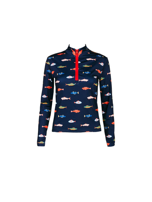 Kitty and Vibe’s Long Sleeve Rashguard in Harbor features a navy blue design with red zip-front, colorful fish print, and SPF 50+ protection, shown on a white background.