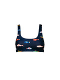 The Kitty and Vibe Scoop Top in Harbor is a navy high-support swim top with wide straps, a square neckline, and an allover colorful fish print.