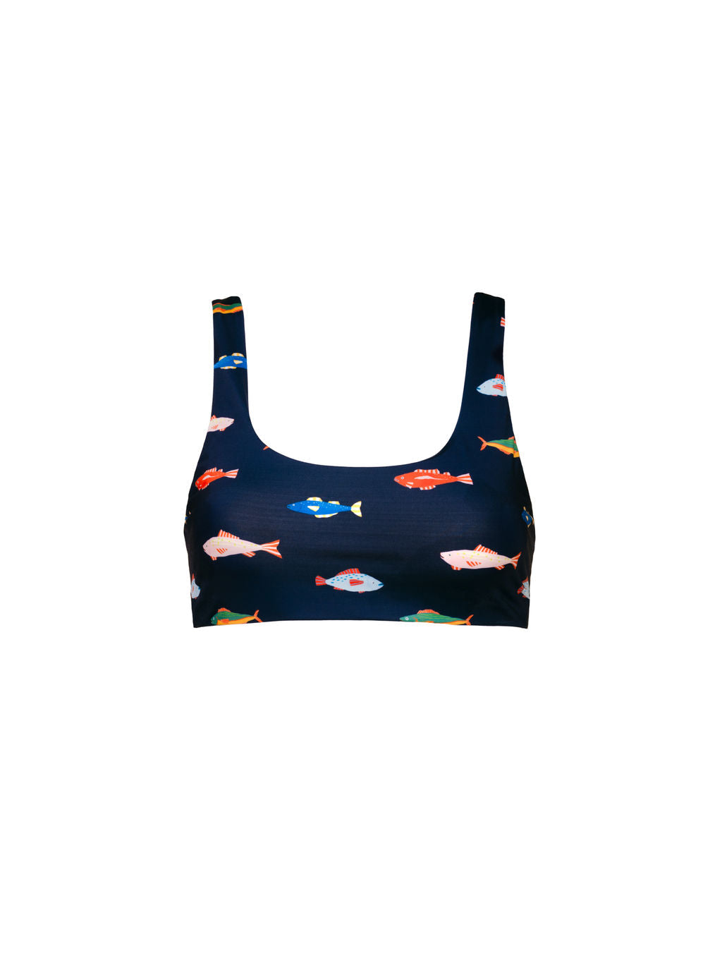 The Kitty and Vibe Scoop Top in Harbor is a navy high-support swim top with wide straps, a square neckline, and an allover colorful fish print.