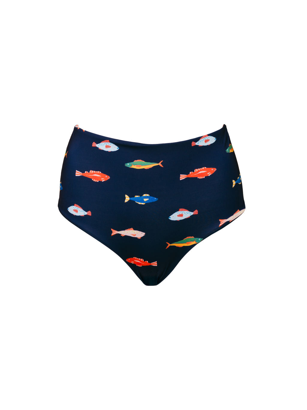 Kitty and Vibe's High Waisted Full Coverage Bottoms in Harbor feature a fun, colorful fish print on navy blue. These stylish high-rise bikini bottoms offer full coverage and comfort for a flattering beach look.