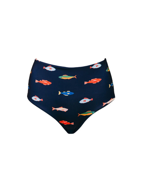 Kitty and Vibe's High Waisted Full Coverage Bottoms in Harbor feature a fun, colorful fish print on navy blue. These stylish high-rise bikini bottoms offer full coverage and comfort for a flattering beach look.