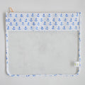 Introducing the Sara Fitz Anchor Project Bag: this oversized pouch features a striking white and blue anchor pattern at the top, complemented by blue trim and a zipper closure. The bottom section is fully transparent—perfect for displaying your supplies—while a small white tag accents the bottom right corner. Crafted from heavyweight canvas with signature Sara Fitz prints, this durable project bag effortlessly blends stylish design with practical function.