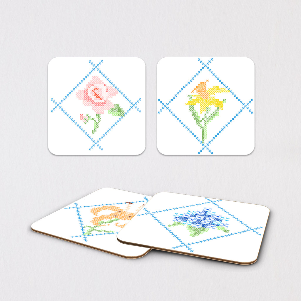 Cross Stitch Floral Coaster Set