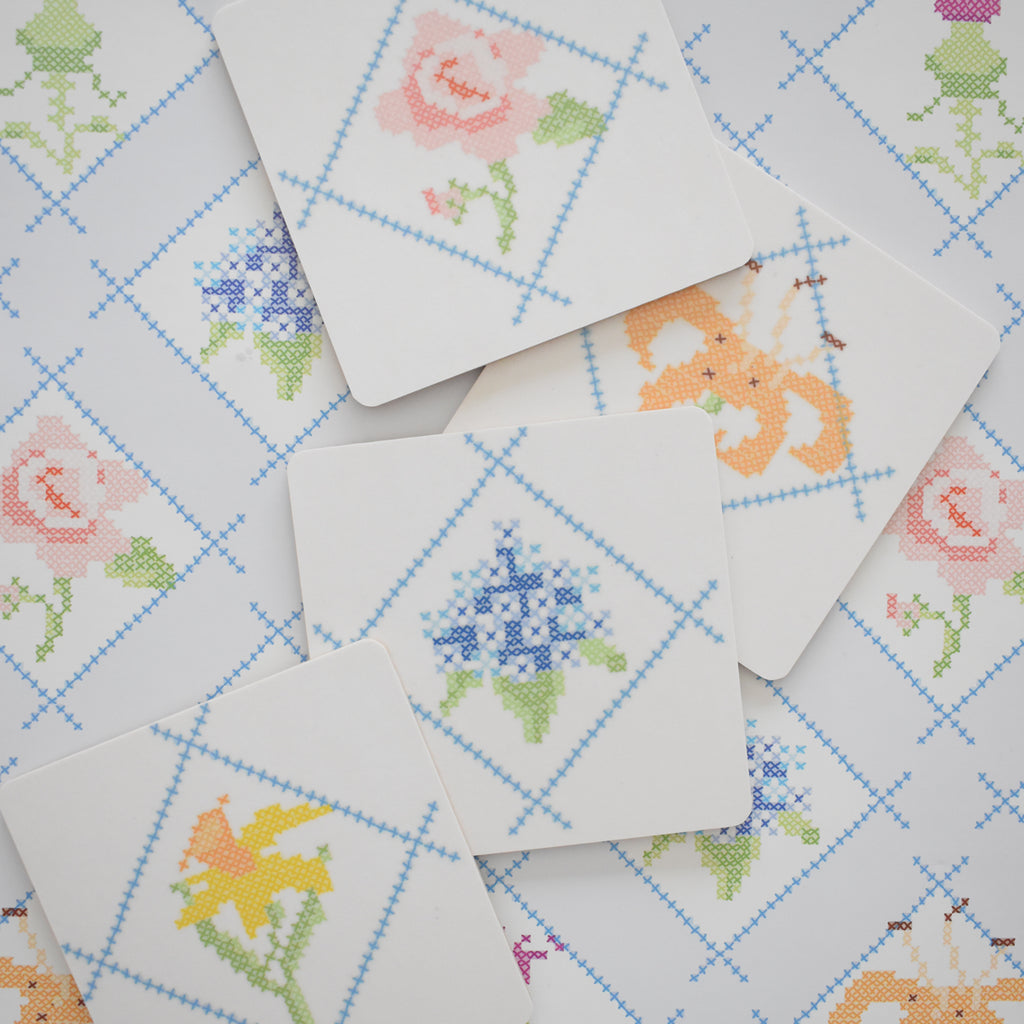Cross Stitch Floral Coaster Set