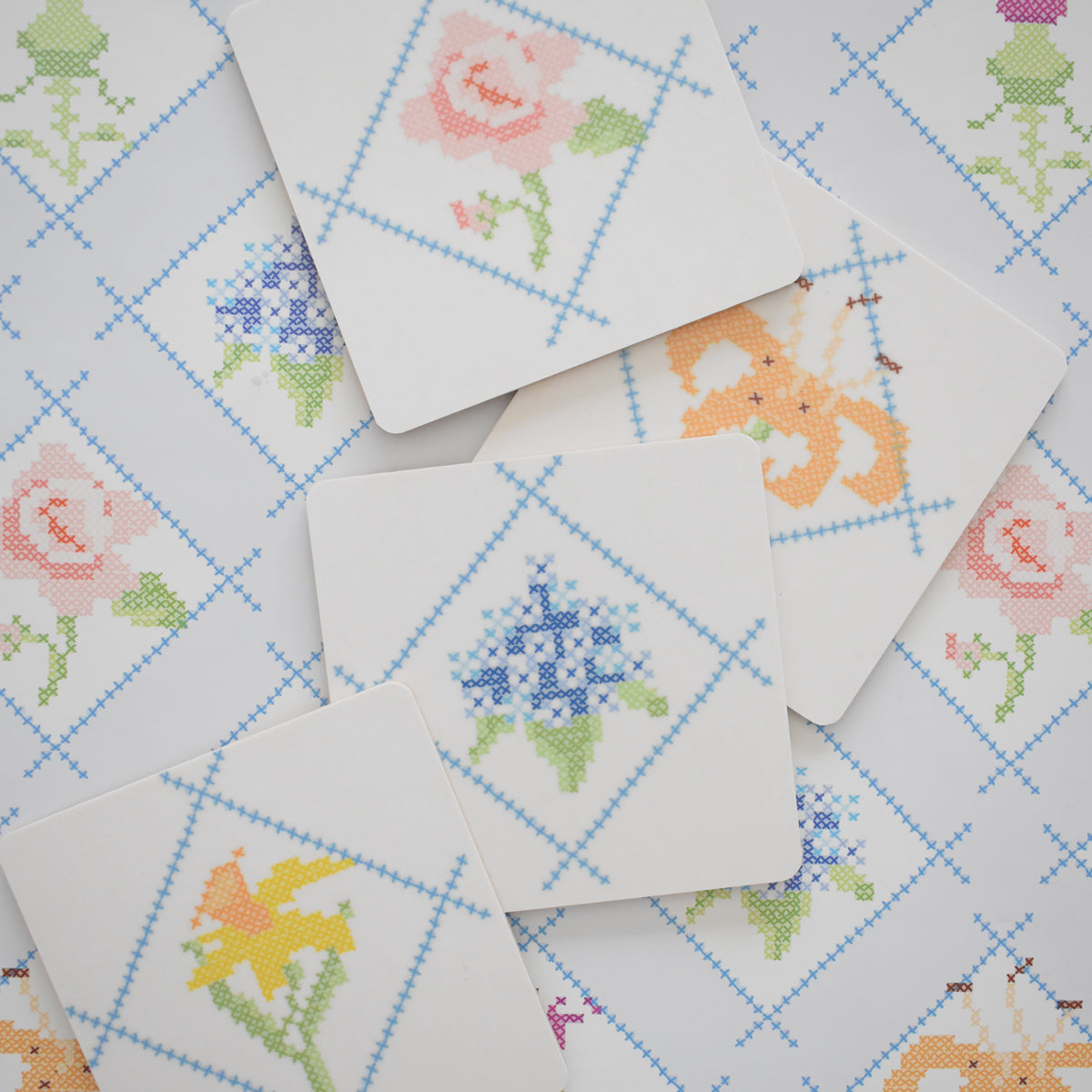 Cross Stitch Floral Coaster Set