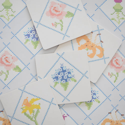 Cross Stitch Floral Coaster Set
