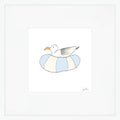 The Floating Gull Art Print by Sara Fitz features a seagull on a blue and white striped ring, centered on white with a wide mat, printed archivally on acid-free velvet textured paper.