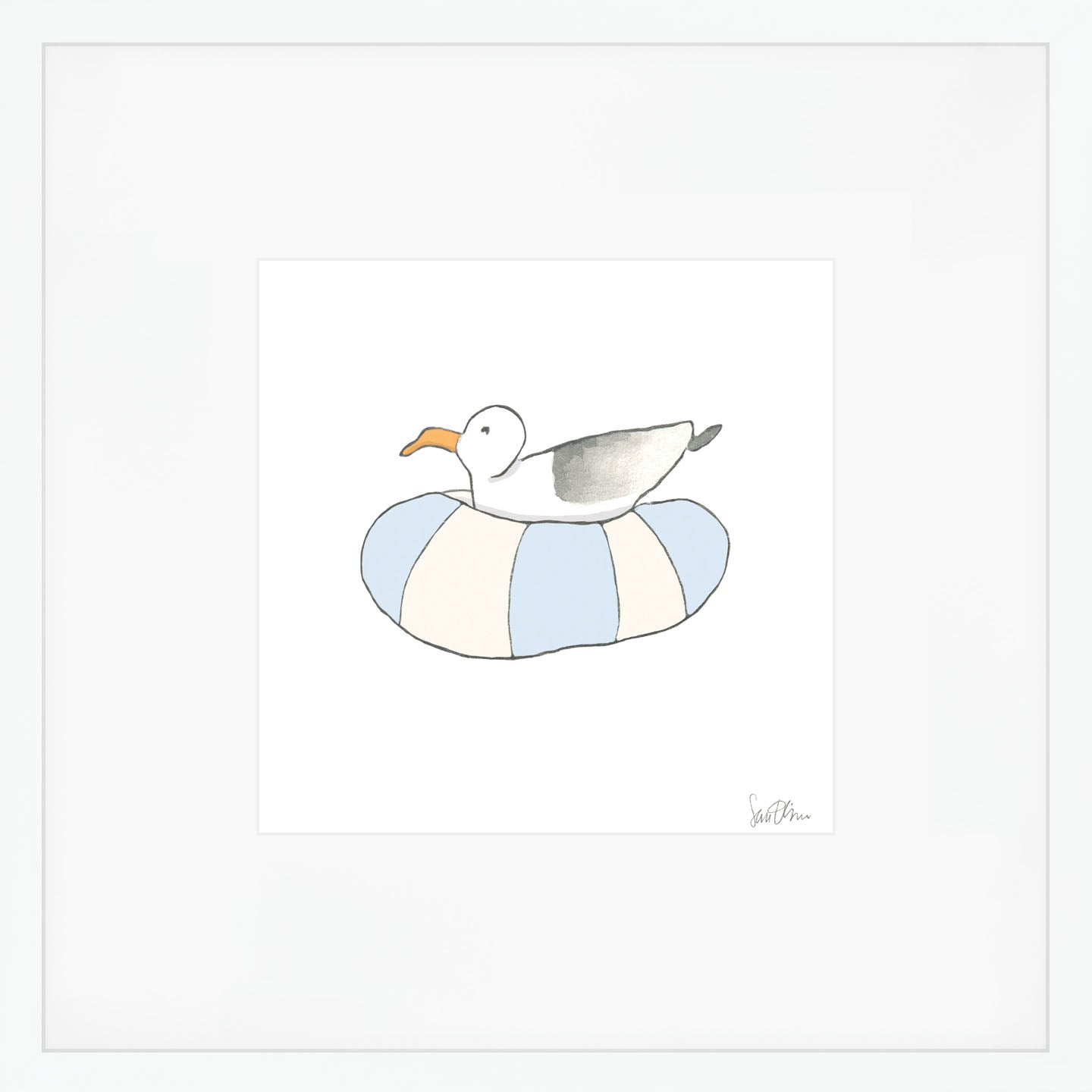 The Floating Gull Art Print by Sara Fitz features a seagull on a blue and white striped ring, centered on white with a wide mat, printed archivally on acid-free velvet textured paper.