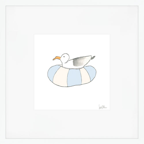 The Floating Gull Art Print by Sara Fitz features a seagull on a blue and white striped ring, centered on white with a wide mat, printed archivally on acid-free velvet textured paper.