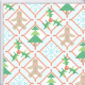Holiday Cross Stitch Gift Wrap featuring a repeating cross-stitch pattern of gingerbread men, Christmas trees, snowflakes, and holly within a red stitched diamond grid on a light blue background.