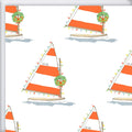 Holiday Sailboat Gift Wrap featuring a pattern of sailboats with orange and white striped sails decorated with Christmas wreaths and string lights, marked with the date 12-25.