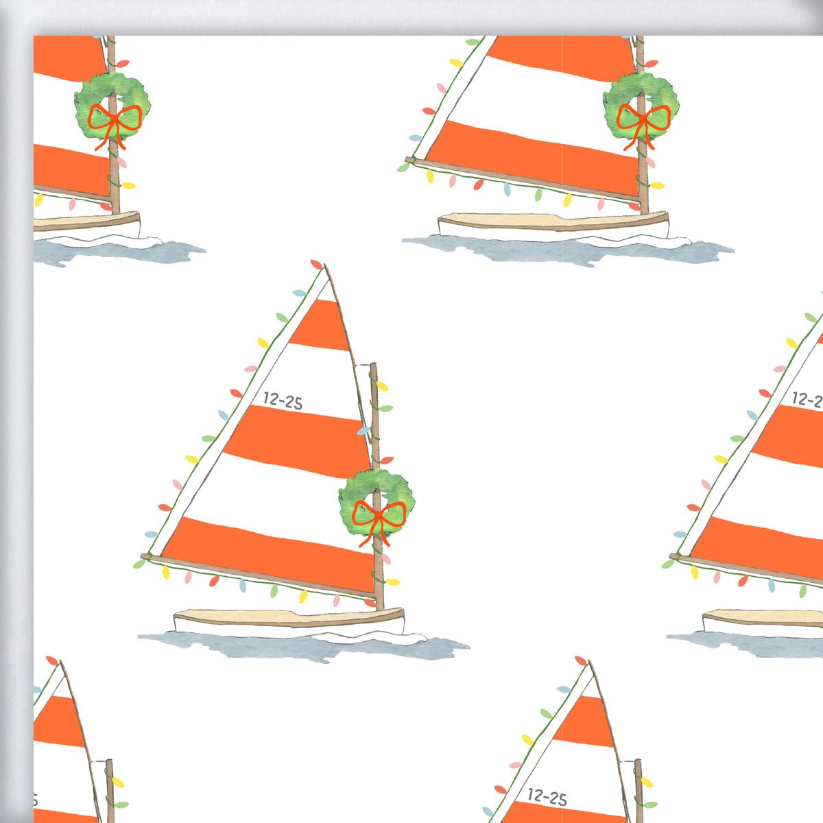 Holiday Sailboat Gift Wrap featuring a pattern of sailboats with orange and white striped sails decorated with Christmas wreaths and string lights, marked with the date 12-25.