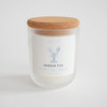 The Harbor Fog Candle by Sara Fitz features a frosted glass jar with a cork lid, a light blue lobster label, and scents of lavender, sage, and driftwood. Hand-poured in Maine with coconut soy wax.