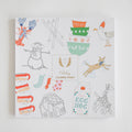 Square Coloring Book Holiday cover featuring Sara Fitz line art of a snowman, mittens, skis, nesting bowls, a seagull, a dog making a snow angel, stacked mugs, stockings, a gingerbread house, and eggnog.