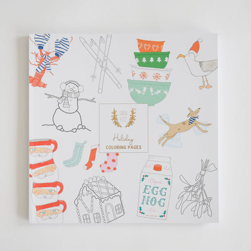Square Coloring Book Holiday cover featuring Sara Fitz line art of a snowman, mittens, skis, nesting bowls, a seagull, a dog making a snow angel, stacked mugs, stockings, a gingerbread house, and eggnog.