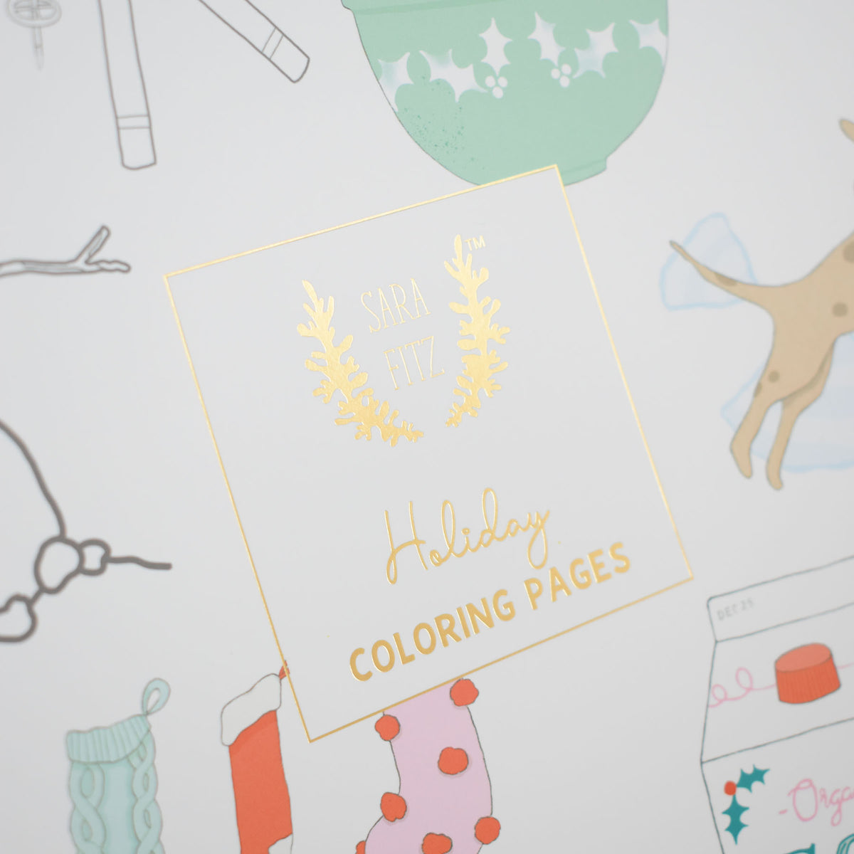 Close-up of the Coloring Book Holiday by Sara Fitz, featuring a central gold-foiled label surrounded by illustrations of holiday-themed items, including stockings, a dog, and a mixing bowl.