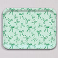 Large Green Bows Tray, a rectangular birch wood tray featuring a repeating pattern of green bows on a pale green background with white speckles.