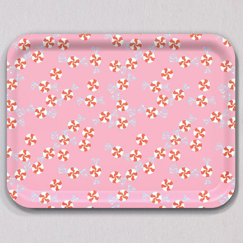 Large Peppermint Candies Tray featuring a rectangular melamine-coated birch wood surface with a pink background patterned with red and white peppermint candies.
