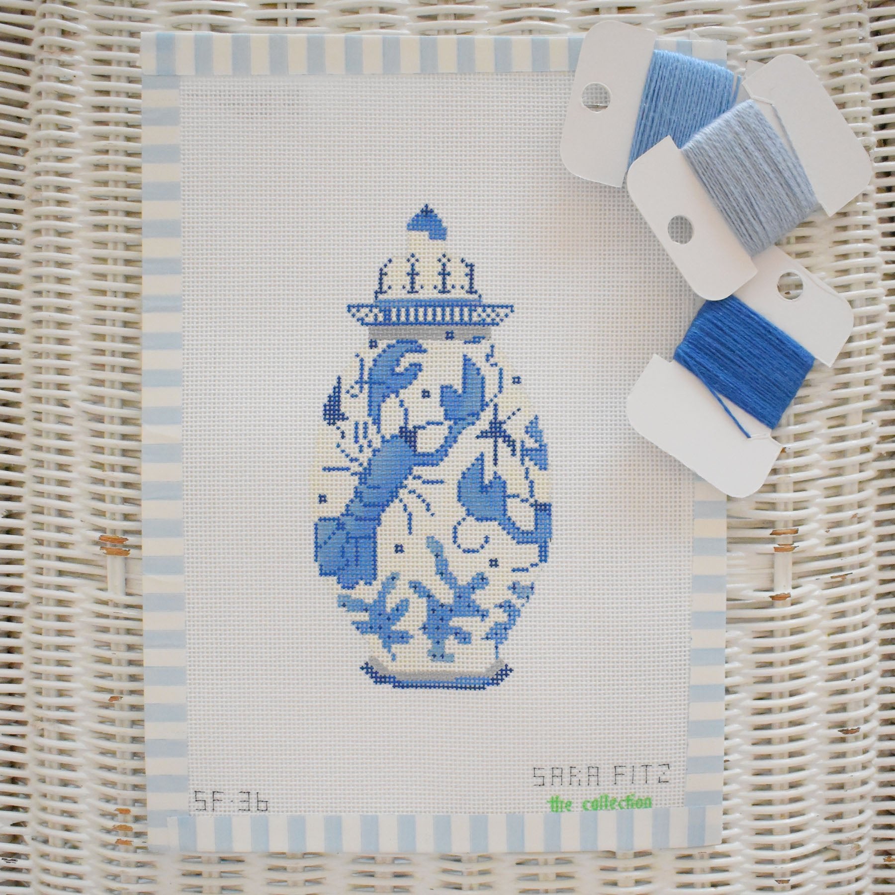 Sara Fitz Ginger Jar Lobster Needlepoint Kit Framed