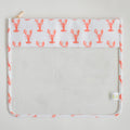 The Sara Fitz Lobster Project Bag is a rectangular clear pouch featuring a white top border adorned with a repeating orange lobster pattern and finished with a light-colored zipper closure.