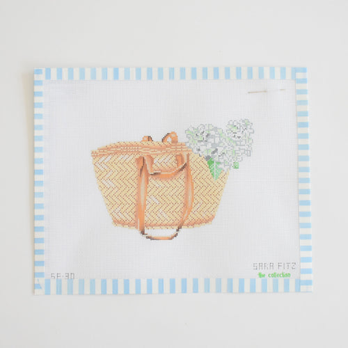 The Sara Fitz Market Basket Needlepoint features a stitch-painted 18 mesh canvas with a woven straw bag filled with white flowers and green leaves, finished with a blue and white striped border.