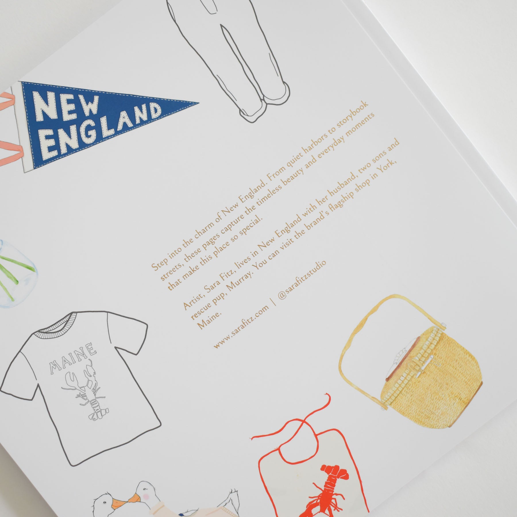 Book back cover featuring delightful New England illustrations: a NEW ENGLAND pennant, Maine T-shirt, basket, red lobster, and clothing. The text highlights how Coloring Book New England by Sara Fitz draws inspiration from the coastal region and credits the artist with her website. Perfect for fans of adult coloring books seeking a one-of-a-kind Sara Fitz experience inspired by New England.