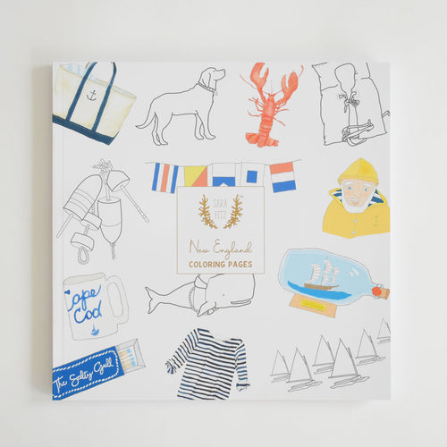 The “Coloring Book New England” by Sara Fitz features a cover adorned with delightful New England-inspired illustrations and nautical sketches, such as a dog, lobster, flags, sailor in a striped shirt, sailboats, Cape Cod mug, and a ship in a bottle—making it an ideal choice for any Sara Fitz coloring book collection or fans of adult coloring books.
