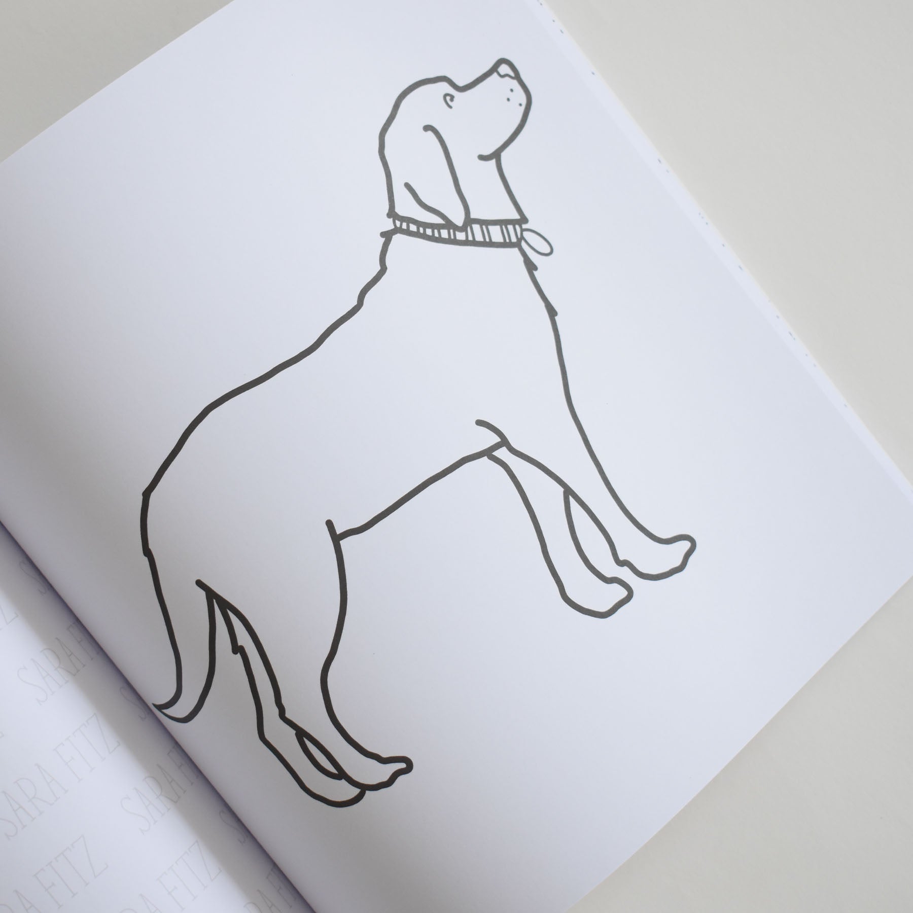 A simple black-and-white line drawing of a standing dog with a collar, depicted on an open sketchbook page against a light background, captures the charming style featured in the Sara Fitz Coloring Book New England.