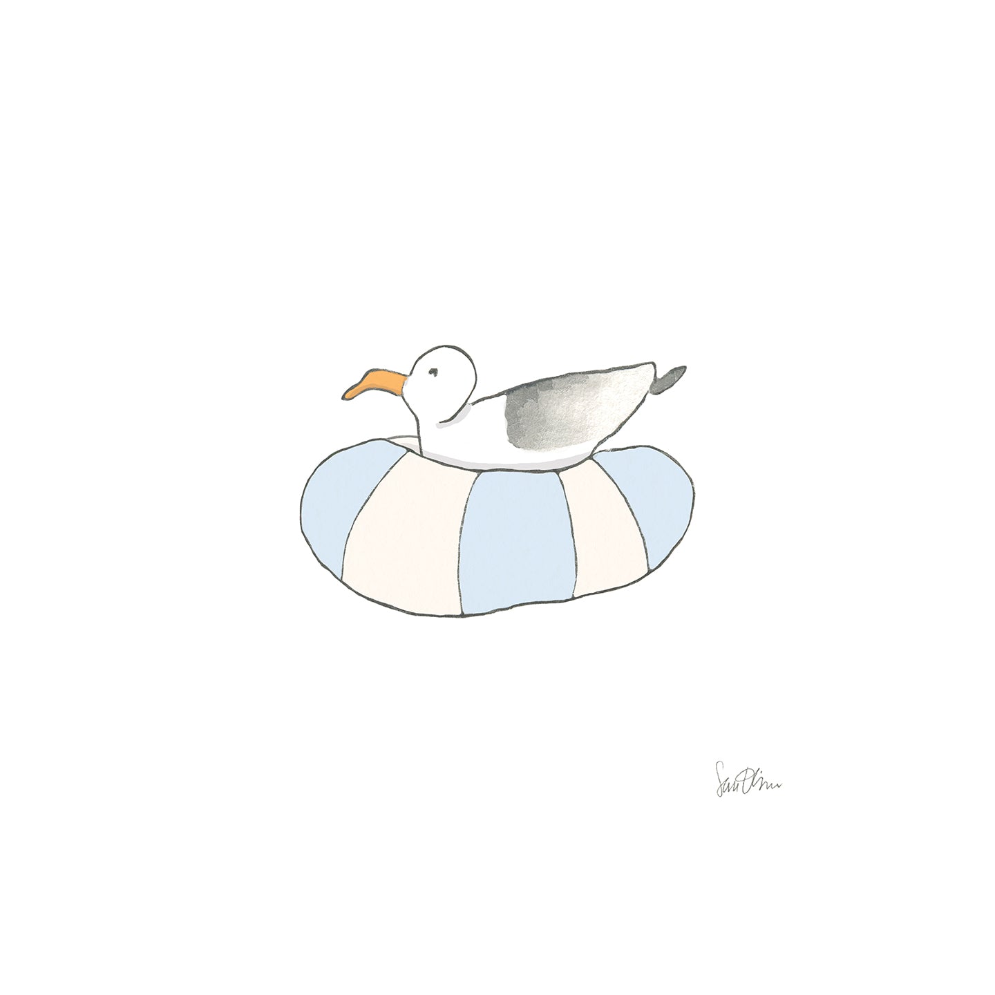 The Floating Gull Art Print by Sara Fitz features a minimalist seagull on a blue and white striped float, centered on a white background, printed on archival, acid-free velvet textured paper.