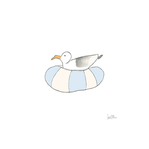 The Floating Gull Art Print by Sara Fitz features a minimalist seagull on a blue and white striped float, centered on a white background, printed on archival, acid-free velvet textured paper.