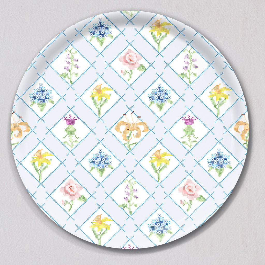 Cross Stitch Floral Tray, Round