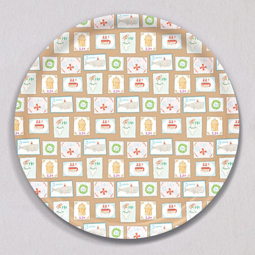 Large Holiday Stamps Tray, Round, featuring a repeating pattern of holiday-themed postage stamps with illustrations of whales, gingerbread houses, wreaths, and Santa Claus.