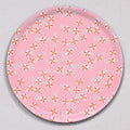 Large Peppermint Candies Tray, Round: a melamine-coated birch wood tray with a pink background patterned with red-and-white peppermint candies and wrapped candy illustrations.
