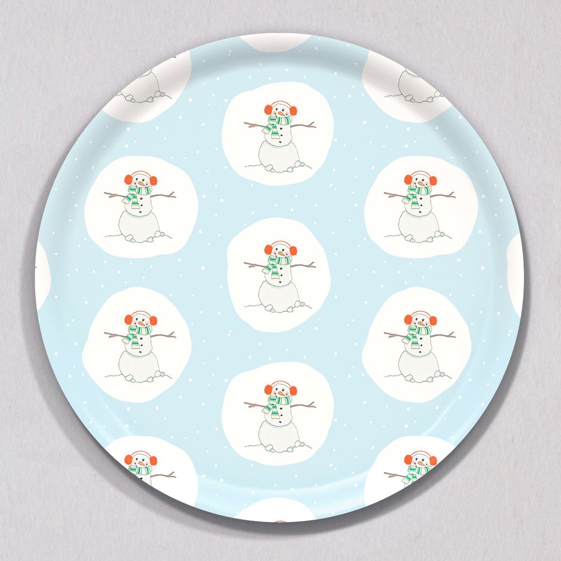 Large Happy Snowman Tray, Round by Sara Fitz