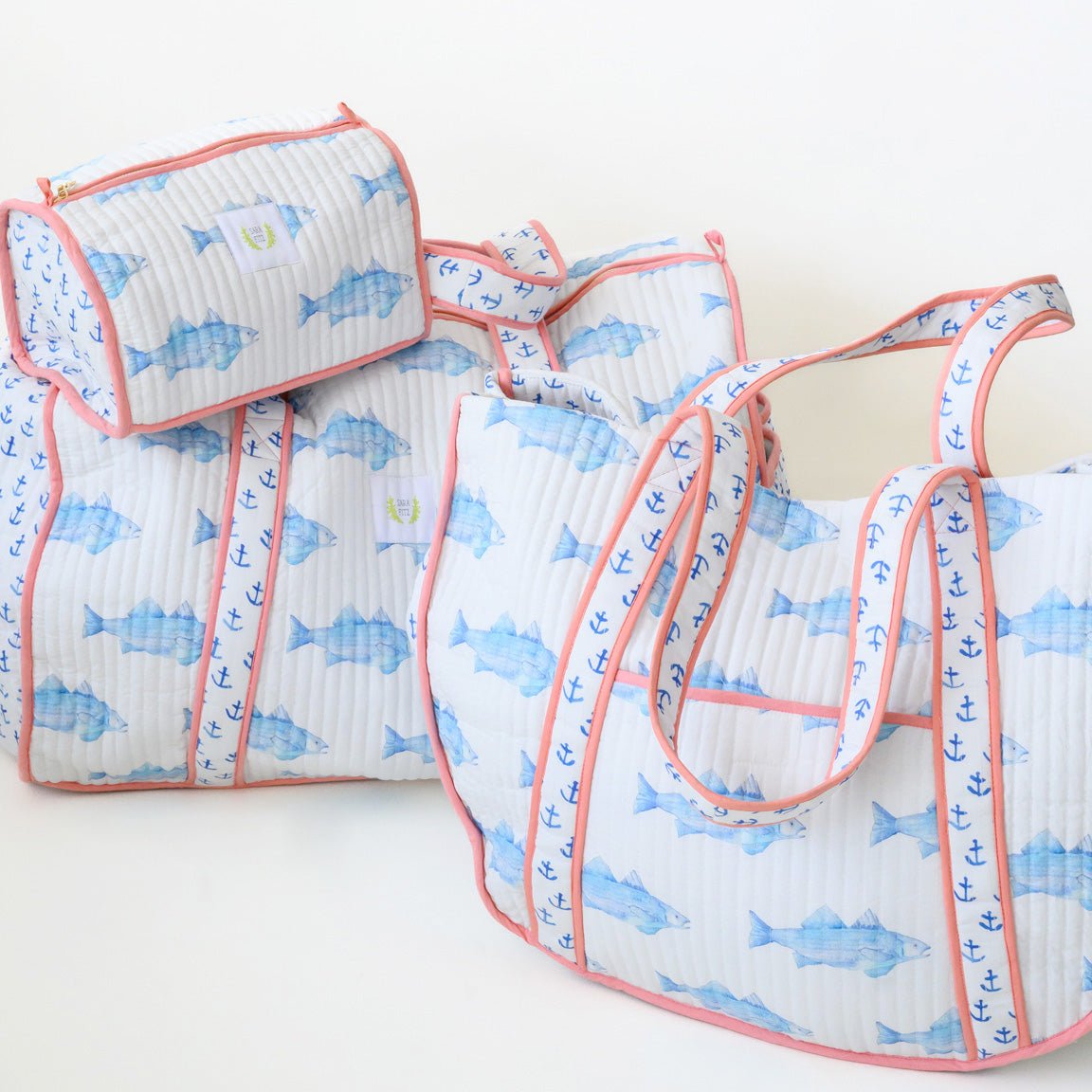 Sara Fitz Weekender Tote Blue Fish for Weekend Getaways