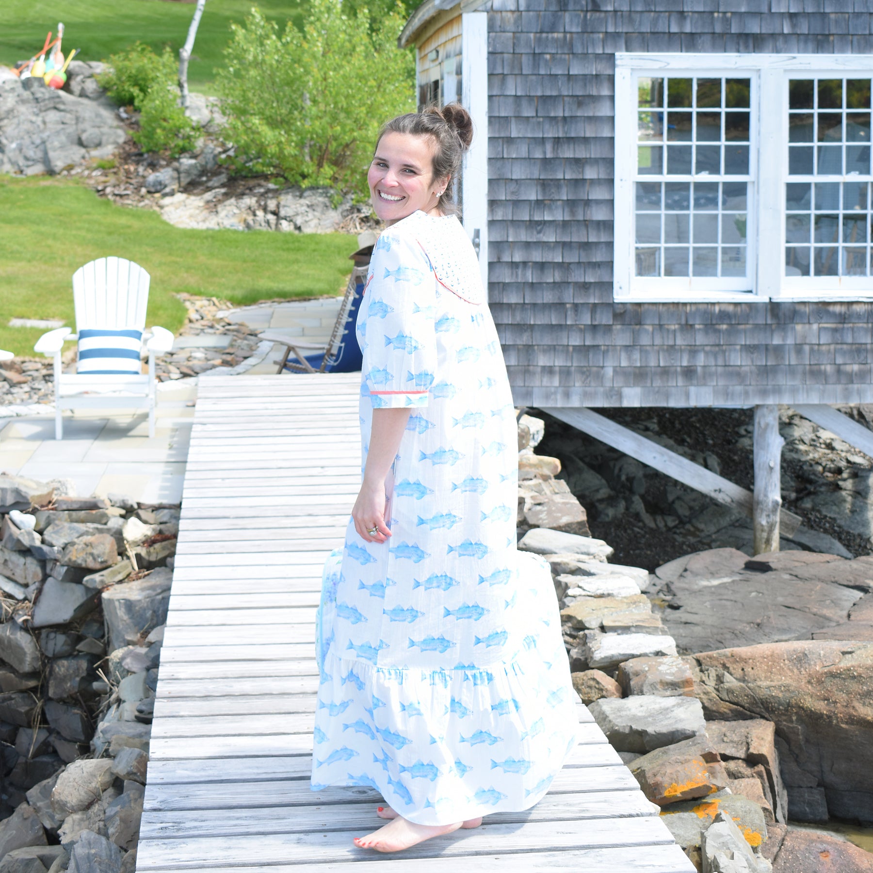 Sara Fitz Maxi Dress Blue Fish With Pockets