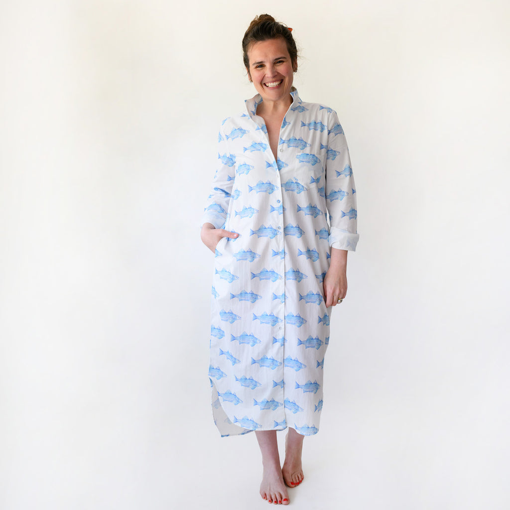 Classic Shirt Dress, Blue Fish by Sara Fitz