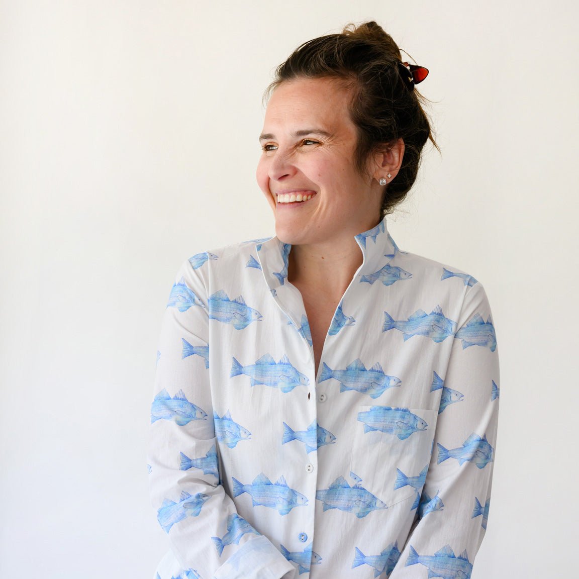 Sara Fitz Classic Shirt Dress Blue Fish Cotton Midi Sara Fitz Classic Shirt Dress Blue Fish Cotton Midi