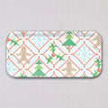Sara Fitz Small Holiday Cross Stitch Tray made of melamine-coated birch wood, featuring a repeating pattern of gingerbread men, pine trees, snowflakes, and holly sprigs framed by red diamond borders.