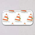 Small Holiday Sailboat Tray: a rectangular birch wood tray decorated with a repeating pattern of sailboats featuring orange and white striped sails, string lights, and Christmas wreaths.