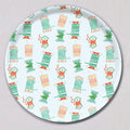 Large Holiday Trimmings Tray, Round, a melamine-coated birch wood tray with a repeating pattern of colorful spools of ribbon and holiday trim.