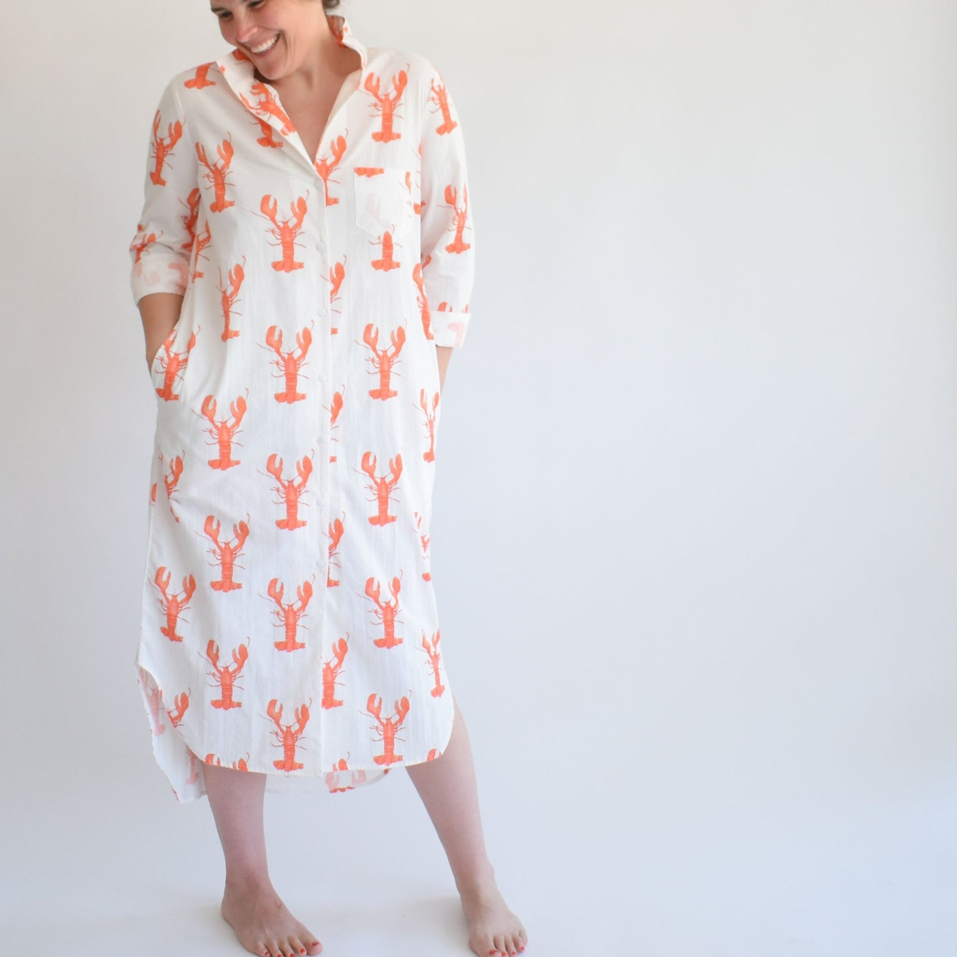 Sara Fitz Classic Shirt Dress Lobster Print Sara Fitz Classic Shirt Dress Lobster Print