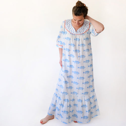 dress blue print Sara Fitz Maxi Fish With Pockets Style_Closed Abayas styles or for different White & Gold Or Pick a Size:L